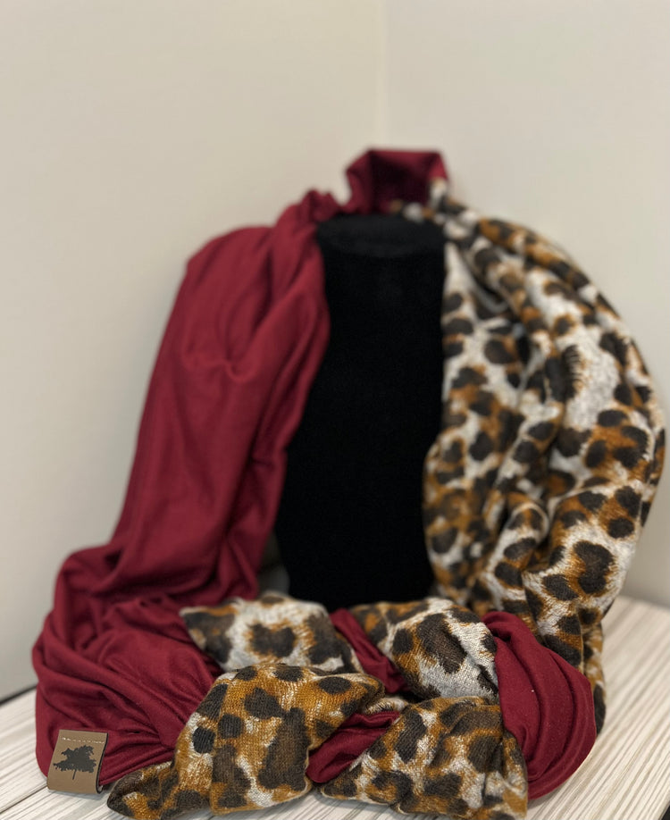 Burgundy/Cheetah Braided Scarf