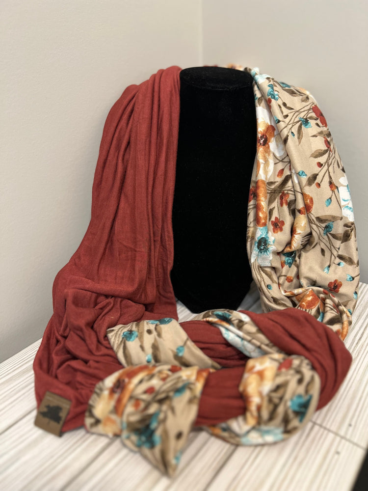 Tan Floral/Marsala Braided Scarf