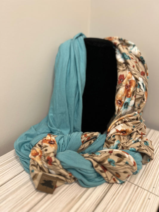 Turquoise/Tan Floral Braided Scarf
