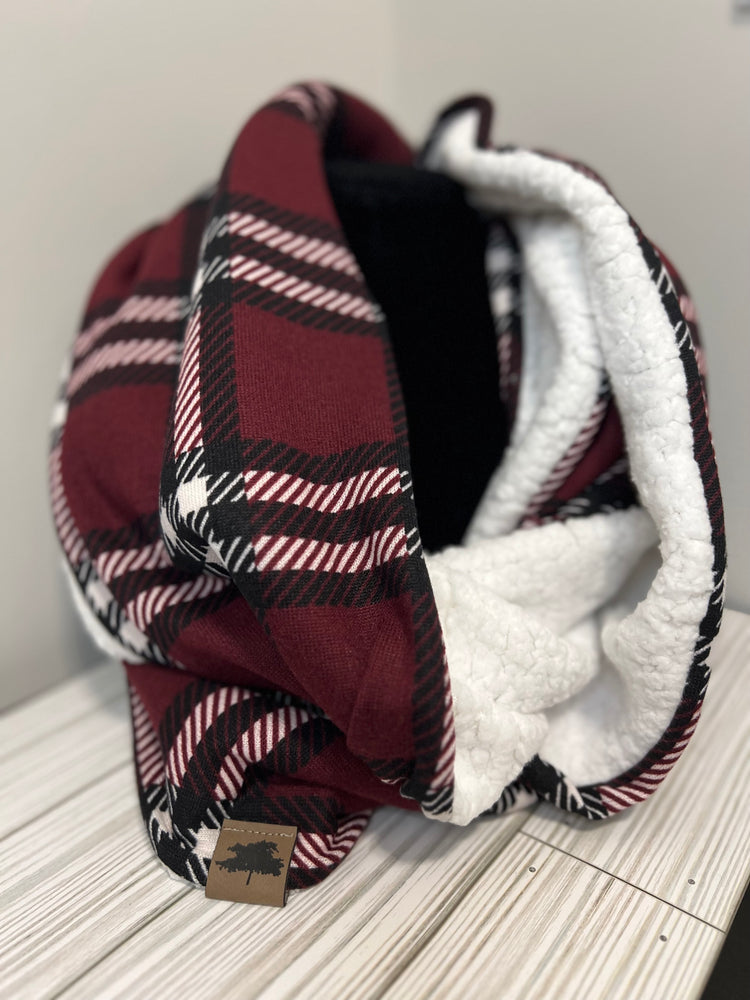 Burgundy/Black Sherpa Lined Plaid Infinity Scarf