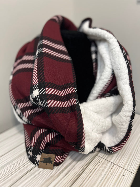 Burgundy/Black Sherpa Lined Plaid Infinity Scarf
